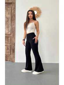 女款高腰萊卡彈性喇叭褲 - 黑色 - 查看 7