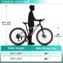 24/26 Inch Kids Mountain Bike For Boys/Girls/Men/Women 21 Speeds Kids Bike, 2.125'' Tires MTB Bicycle With Suspension Fork, Dual Disc Brakes, Internal Wiring Frame, Auxiliary Handle - Xám - Xem 8