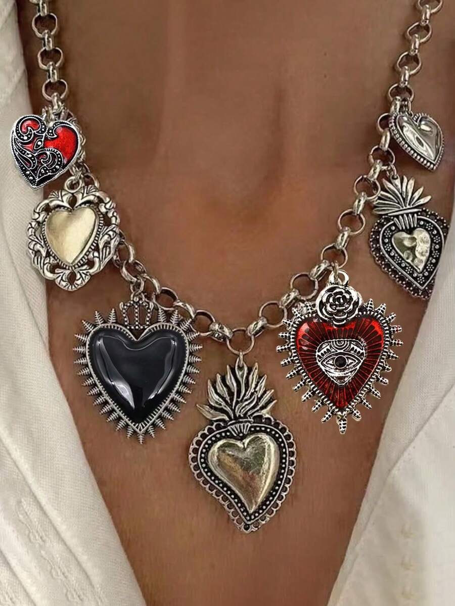 1pc Retro Religion, Multiple Sacred Heart Pendants, Necklaces, Silver Chains, Personalized Design Sense, Women's Accessories, Fashionable Items For Parties