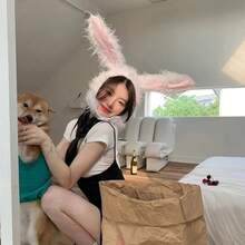 Cute White Rabbit Hat With Long Ears, Halloween Cosplay Costume, Photo Prop, Rabbit Cosplay, Halloween Rabbit Feather, Polyester - White - View 4