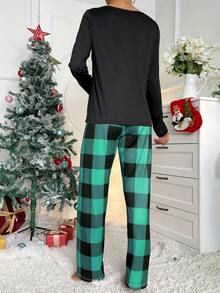 2pcs Christmas Letter & Christmas Tree Print Long Sleeve Top + Plaid Print Pants Pajama Set, Winter Clothes - Multicolor - View 2