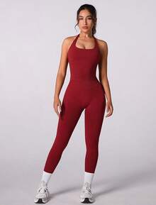 Workout Sets For Women Seamless Scunch Butt Lifting Impact Leggings Halter Sports Bra 2 Piece Gym Outfits - Câu cá Longline Red - Xem 3