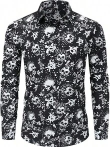 Mens 70s Shirt Long Sleeve Button Down Retro Disco Costume Hippie Outfit For Menhalloween - 龐克骷髏 - 查看 1