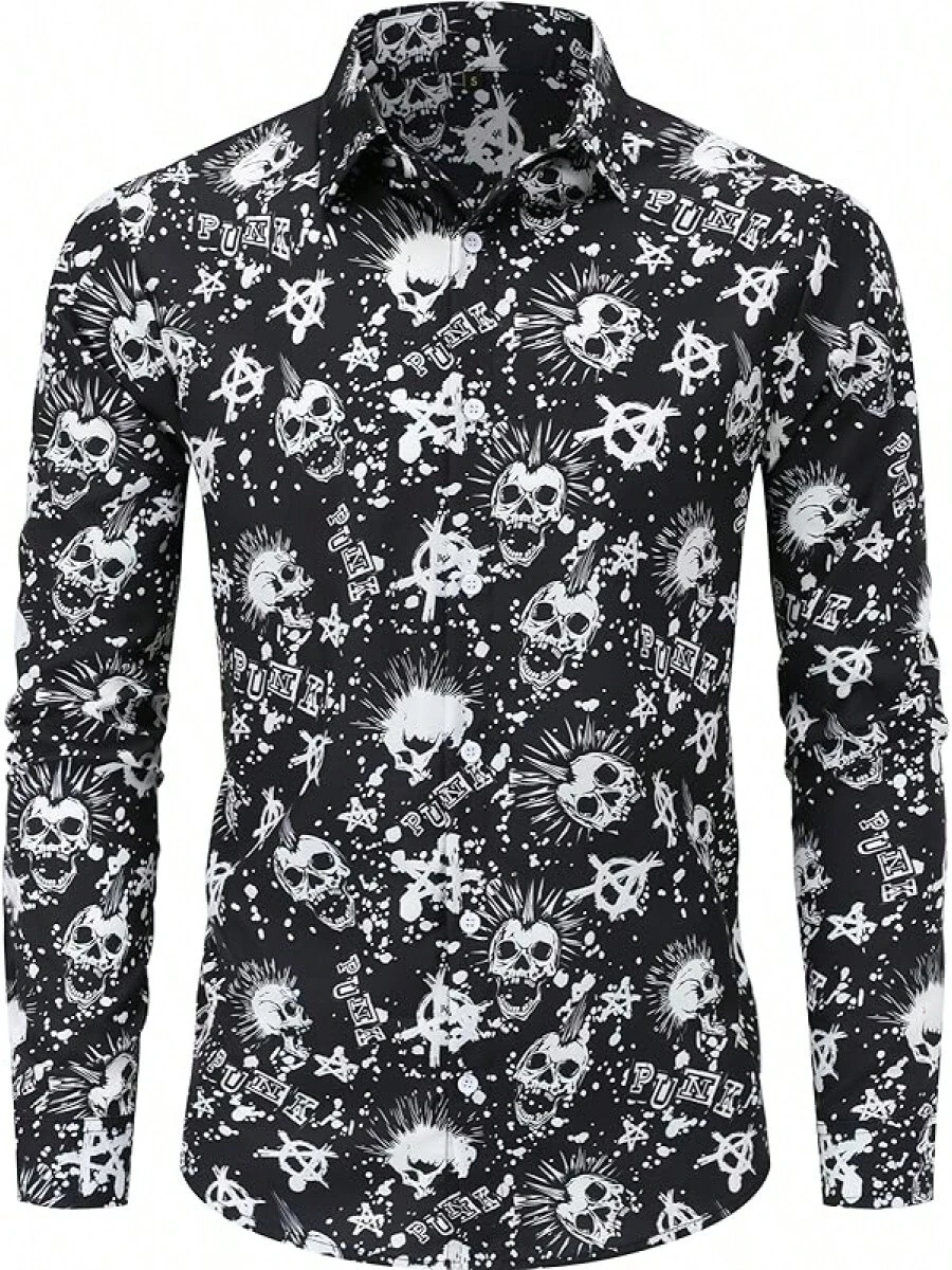 Mens 70s Shirt Long Sleeve Button Down Retro Disco Costume Hippie Outfit For Menhalloween - 龐克骷髏 - 查看 1