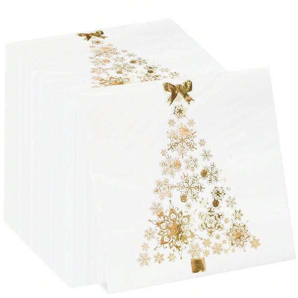 20 peças/40 peças/100 peças guardanapos de papel branco e dourado para árvore de Natal, guardanapos de coquetel, guardanapos decorativos de papel para jantar, guardanapos de almoço de Natal para ano novo, festas de fim de ano, eventos de feriados de inverno, decoração de banheiro
