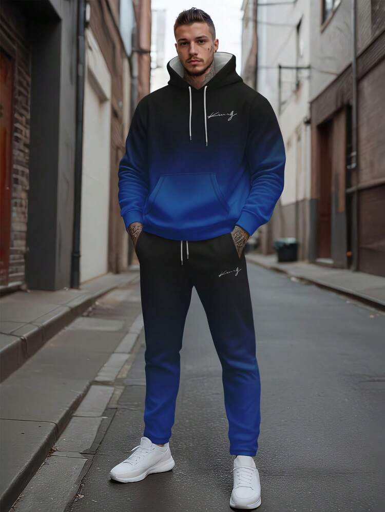 Men's Gradient "King" Letter Print Hoodie And Pants Set - Multicolor - View 1