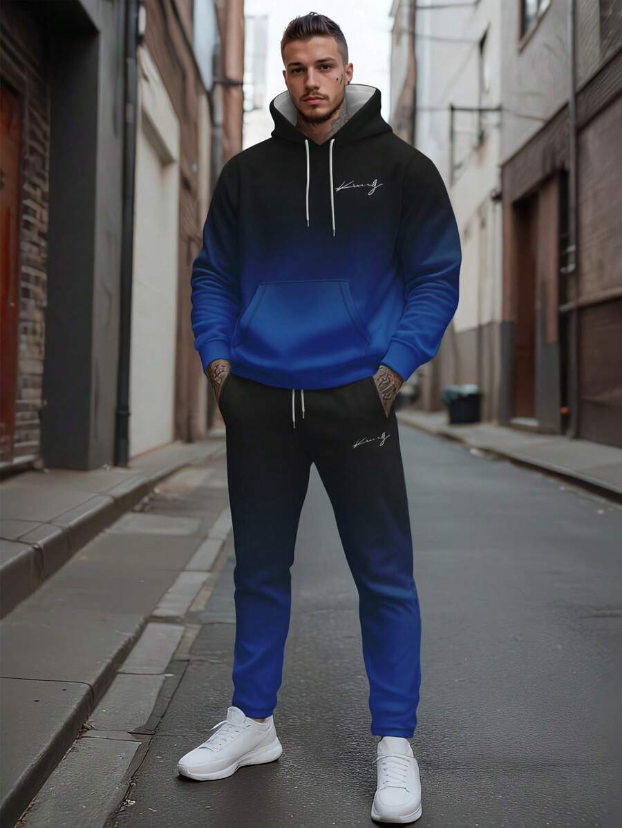 Men's Gradient "King" Letter Print Hoodie And Pants Set - Multicolor - View 1
