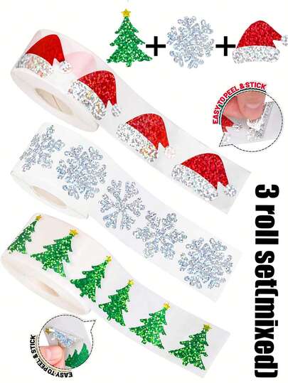 1500 张/3 卷混合圣诞贴纸 - 3 厘米/1.18 英寸激光切割圣诞树、圣诞帽和雪花设计，配有绿松石、信封、日记本和派对装饰的防水密封贴纸、圣诞节装饰贴纸、圣诞礼物包装密封贴纸、装饰贴纸、适合圣诞节的 PVC 不干胶贴纸（自粘节日装饰标签）