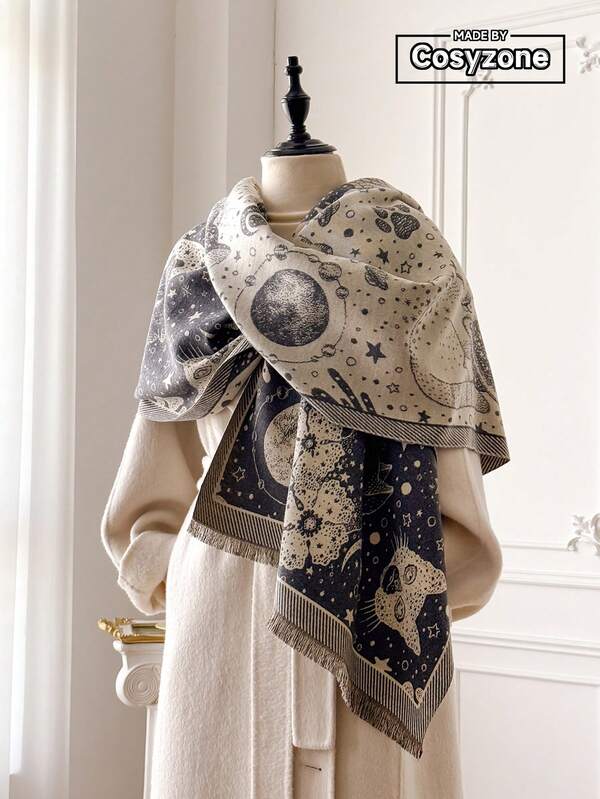 1 pieza Elegante bufanda de cachemira sintética con estampado de gato de jacquard, cálida manta chal para mujer, versátil para uso diario, sala con aire acondicionado, otoño/invierno, de moda, calentador de cuello, accesorio de viaje, idea de regalo