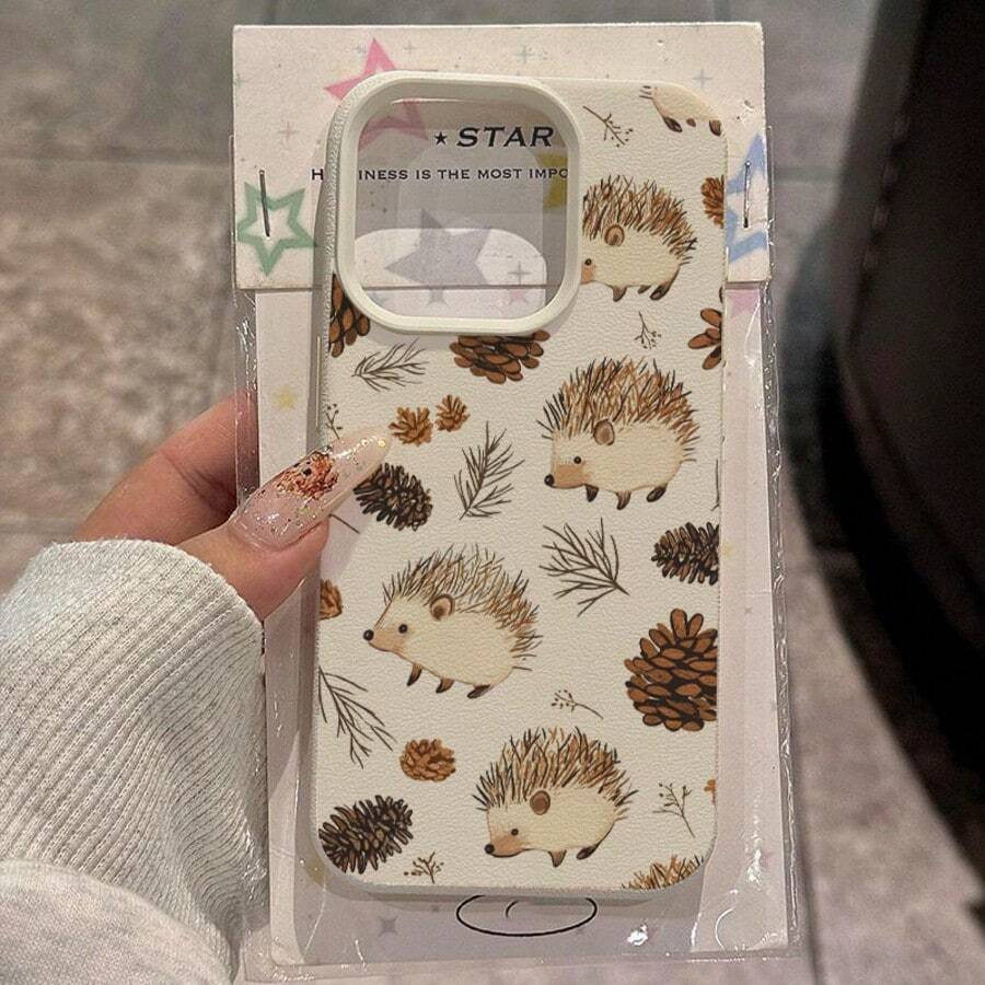1pc TPU Material Cute Hedgehog & Pine Cone Branch Pattern Phone Case Compatible With Iphone/ Phones - White - View 1