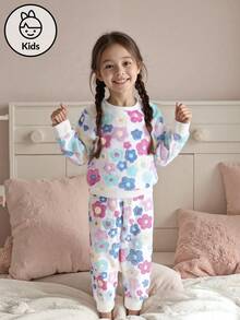 2 件套幼儿女童羊毛睡衣套装，花卉图案圆领长袖上衣和休闲抽绳长裤睡衣，秋冬