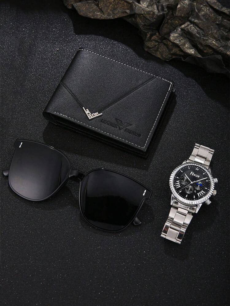 3-Piece Set: Fashionable Business Quartz Watch, Luxury Men's Watch, Leather Wallet, Sunglasses - Gift Set For Him - Silver - View 2
