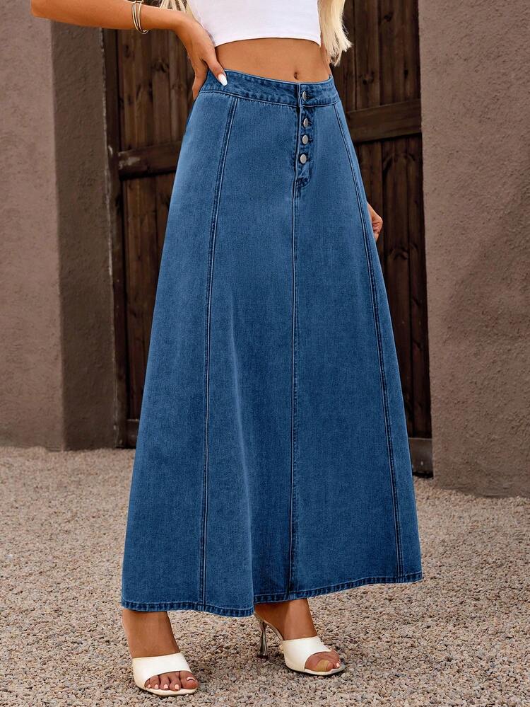 ARWY Women's Casual Washed Long Denim A-Line Flare Skirt, Dark Blue Spring - Dark Wash - View 3