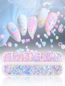 12 件美人鱼彩色字母、星星、蝴蝶美甲亮片装饰混合，包括浅色星星、圆圈、心形薄片，DIY 美甲用品