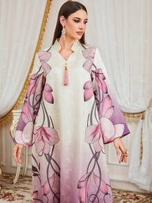 Women's Arabic Middle Eastern Ramadan V-Neck Long Sleeve Jacquard Print Dress With Tassel, Suitable For Eid Al-Fitr, Eid Al-Adha, Home Party, Date, Casual, Elegant Vintage Abaya