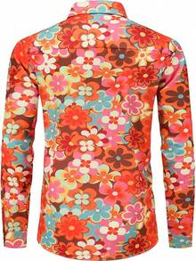 Mens 70s Shirt Long Sleeve Button Down Retro Disco Costume Hippie Outfit For Menhalloween - 嬉皮花卉-3 - 查看 8