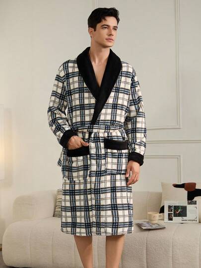 Men's Flannel Plaid Robe, Shawl Neck, Dual Pockets, Mid-Length With Belt, Letter Print Jacket, Fluffy