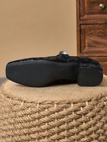 MonaNise 女士3厘米布面包跟黑色时尚百搭玛丽珍低跟粗跟优雅平底鞋，另有藏蓝色、咖啡色、酒红色可选 - 黑色 - 查看 7