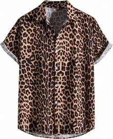 Men's Hawaiian Zebra Print Shirt Button Up Short Sleeve Collar Animal Print Shirt Tops Cheetah Print Topshalloween - Cheetah Brown - Xem 1