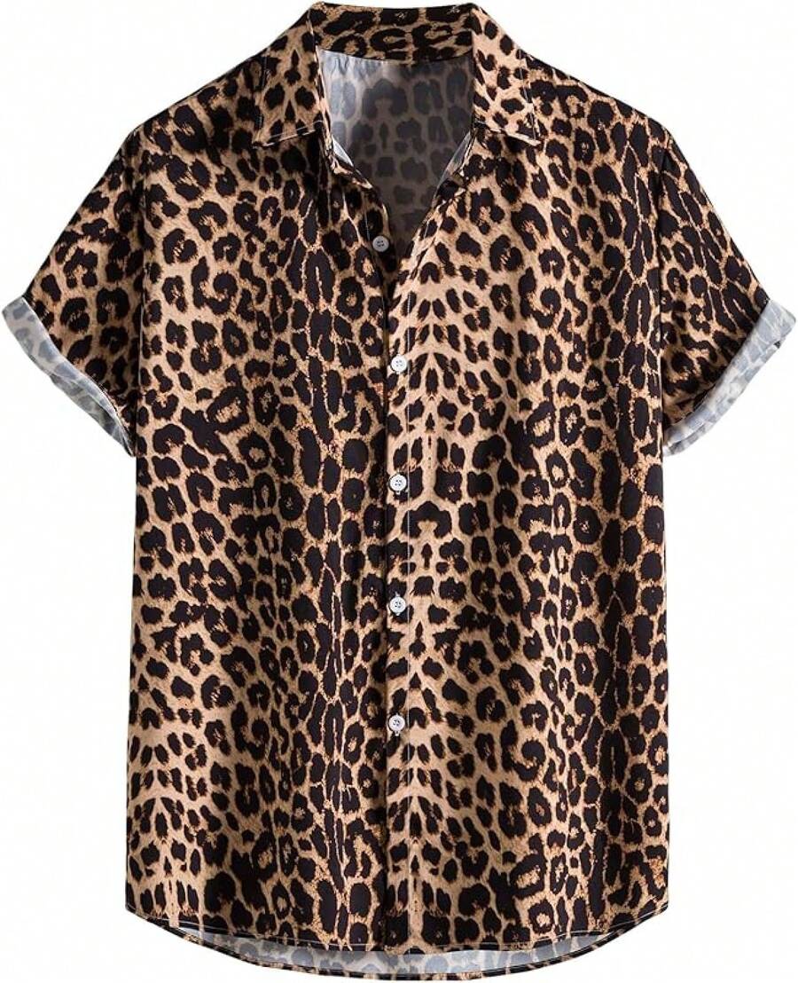 Men's Hawaiian Zebra Print Shirt Button Up Short Sleeve Collar Animal Print Shirt Tops Cheetah Print Topshalloween - Cheetah Brown - Xem 1