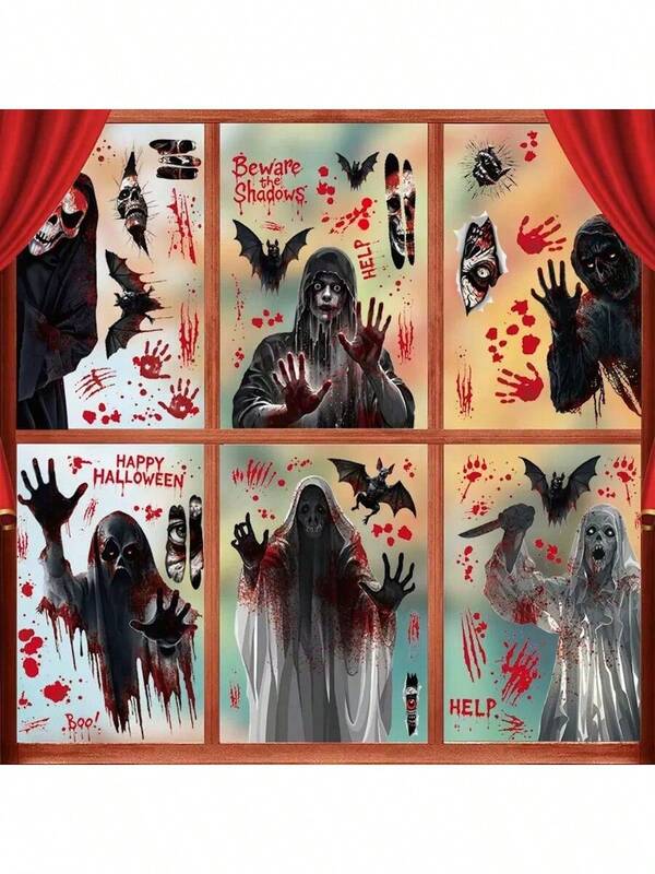 1 pièce Autocollants d'horreur d'Halloween - Autocollants fantômes effrayants et empreintes de main ensanglantées, décorations murales amovibles, autocollants décoratifs, autocollants imperméables, autocollants pour fenêtres, autocollants pour portes, décalcomanies, autocollants de graffitis artistiques, convenant pour les portes et fenêtres en verre, salles de bain, décorations de fête hantée, fêtes de vacances, rideaux de fenêtre, décoration murale/de sol d'horreur, décorations d'Halloween pour la chambre, la cuisine, autocollants muraux
