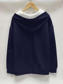 Plus Size Women Solid Color Fleece Zip-Up Jacket, Basic Style, Warm For Autumn/Winter - Navy Blue - View 2