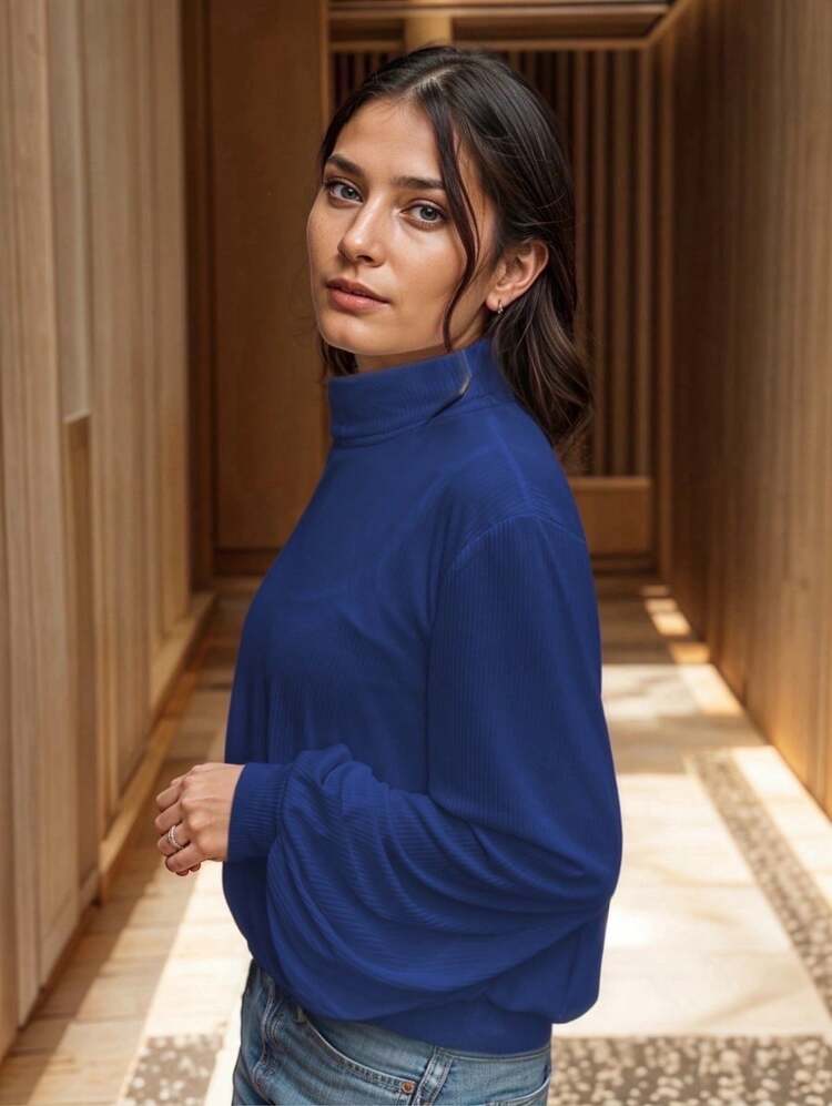 Blusa de Tela RIB Holgada de Manga Larga con Cuello Alto - Azul - Añade 3