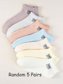 5双随机儿童芭蕾舞风格蝴蝶结短袜，适合女孩和年龄稍大的孩子夏季穿着，糖果色透气短袜，可爱清新蕾丝百搭袜