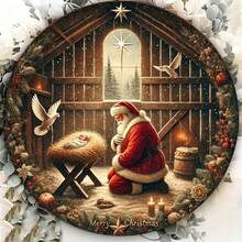 1 Aluminum Sign - Santa Claus Kneeling In Manger Scene, 8x8inch Round Metal Wall Decoration, Suitable Home, Bars, Cafes, Farmhouses -, Thanksgiving, Halloween Decoration And Holiday