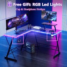 Modern L-Shaped Gaming Desk With Movable Monitor/Tablet Stand, Esports Desk, Game Table, Metal Frame Computer Table With Black Willow Wood Tabletop Or Carbon Fiber Desktop, Versatile L Shaped Corner Desk With Speaker + Light Strip + Headphone Hook + Cup Holder, Area Of Large Desk Surface: 10.59 Ft², Monitor Stand: 1.04 Ft², 51.03"X51.03"X29.25" - B & CF Desktop + Light Strip + Cup Holder + Headphone Hook - View 6
