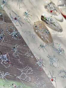 1片哥特式银色金属蜘蛛网美甲贴纸 5D蜘蛛按压式美甲艺术万圣节女巫美甲贴花女士酷女孩自粘装饰美甲设计美甲用品 - 彩色 - 查看 5