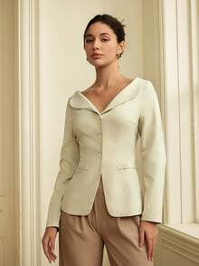 Women's Solid Color Elegant Curved Waist Blazer - Apricot - View 6