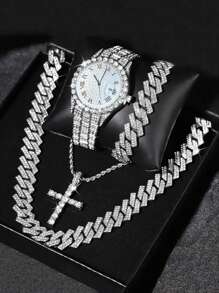 4件套链项链手链套装 男士珠宝石英表套装 带十字架吊坠项链 嘻哈风格酷炫珠宝礼品（不含礼盒） - A - 查看 8