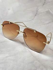 1 Pair Frameless Metal Aviator Fashion Glasses, Fashion Glasses For Women, Outdoor Travel Driving Vacation Beach Accessories, Concave Lens Glasses For Street Photography, Large Double-Bridge Aviator Fashion Glasses, Fashion Glasses For Men - 漸變茶 - 查看 6