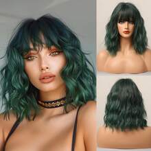 Halloween Christmas Wig 14 Inch Cute Cosplay Green Short Curly Synthetic Wig For Women Hair Replacement Wigs With Bangs Suitable For Roleplay Daily Party Use Music Festival