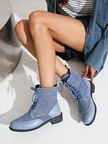 秋冬季女士时尚复古雕花拼接系带舒适踝靴，完美适用于圣诞节假日派对和各种场合，女士靴子 - 藍色 - 查看 5