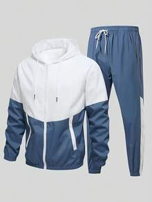 2pcs Set, Men's Hooded Casual Sports Suit - Versatile Jacket Long-Sleeved Top + Sports Pants, Breathable And Comfortable Drawstring Stretch Pants, Machine Washable - Ideal Travel Choice For Spring And Autumn, Outdoor, Blended - 白戰藍 - 查看 2