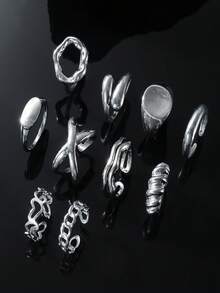 10pcs/Set Geometric Curve Rings, Hinged Rings, Exaggerated Open Rings, Unique Jewelry Design, Suitable For Women's Daily Wear - 10 Rings - View 5