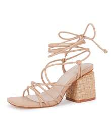 Womens Square Toe Lace-Up Strappy Heeled Sandals Braided Block Chunky Heel Ankle Strap Shoes - 卡其色 - 查看 1