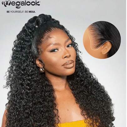 MEGALOOK 13x6 第三代蕾丝前假发，深波浪卷发真人发丝，耳到耳发际线，预先修剪刘海，易于佩戴，150%/200% 密度，自然色，无需胶水，新手友好，适合女性，日常、办公、派对、Y2K 主题、度假、户外、角色扮演、学校、节日、万圣节、复活节等场合。