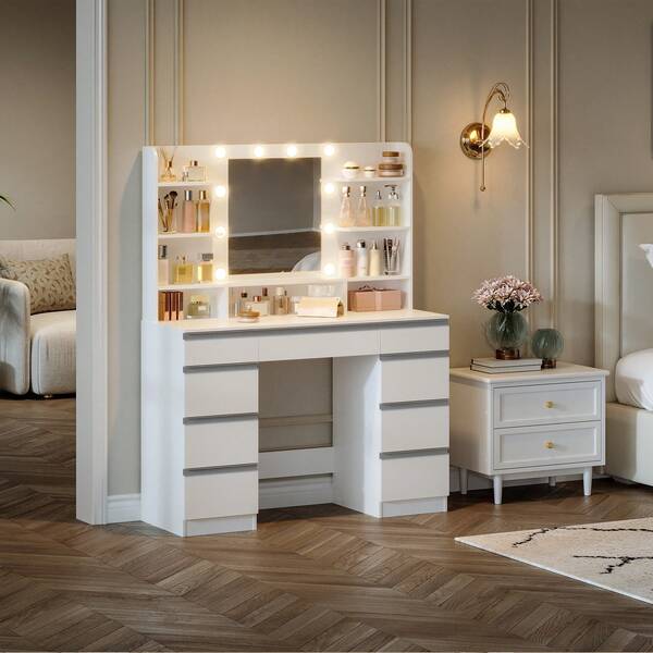 Hzuaneri Große Schminktisch mit LED-Beleuchtung, 10 LED-Lichtkugeln, 3 Farben, einstellbare Helligkeit, Schminktisch mit Spiegel, 9 Schubladen, 9 offenen Ablagen, moderner Stil, Weiß-Silber