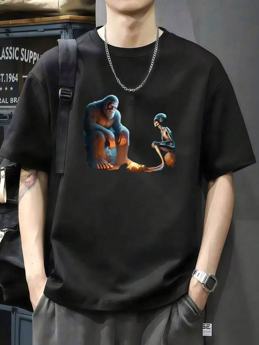100% algodón SHAAMOU Bigfoot and Alien Campfire Regalos para amantes del aire última intervensión playera, Negro, Medium Camiseta de manga corta de algodón puro de 220 g, impresión por una cara - Negro - Ver 1