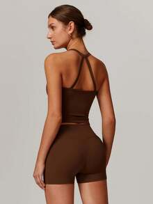 Women's Yoga Outfits Backless Strappy Sports Bra And High Waisted-Lifting Shorts Matching Workout Set - Hồng 1 - Xem 8