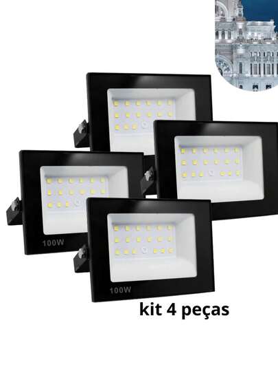 Kit 4 Refletores LED 100W – Potência, Economia e Iluminação Profissional  Transforme seus ambientes com este kit completo de 4 refletores LED de 100W cada, ideal para quem busca alta potência luminosa, baixo consumo de energia e durabilidade garantida.  ✅ Super Iluminação – Cada refletor de 100W oferece excelente intensidade de luz, substituindo refletores tradicionais com economia de até 80% na conta de energia. ✅ Durabilidade e Resistência – Estrutura em alumínio com ótima dissipação de calor e proteção IP66, resistente à chuva, poeira e variações climáticas. ✅ Versatilidade de Uso – Perfeito para áreas externas e internas: fachadas, garagens, quadras, galpões, comércios, jardins, eventos e muito mais. ✅ Instalação Fácil – Pronto para uso, com suporte ajustável que permite direcionar a iluminação conforme sua necessidade.   Conteúdo da Embalagem: 	•	4 Refletores LED 100W  Ilumine mais gastando menos e com qualidade profissional!