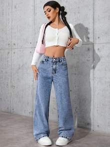 Pantalones vaqueros azul desgastado para mujer, de pierna recta y larga, sin estiramiento, de uso casual, con detalles de bolsillos de moda y artesanía de cordones, cada uno es diferente