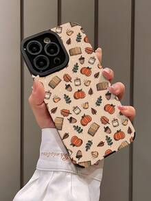 1pc Fashionable Retro Autumn Brown Pumpkin & Leaf Coffee Print Vertical Striped High-End Faux Leather Anti-Fall Anti-Fingerprint Shock-Proof Phone Case Compatible With Apple And Models - Multicolor - View 4