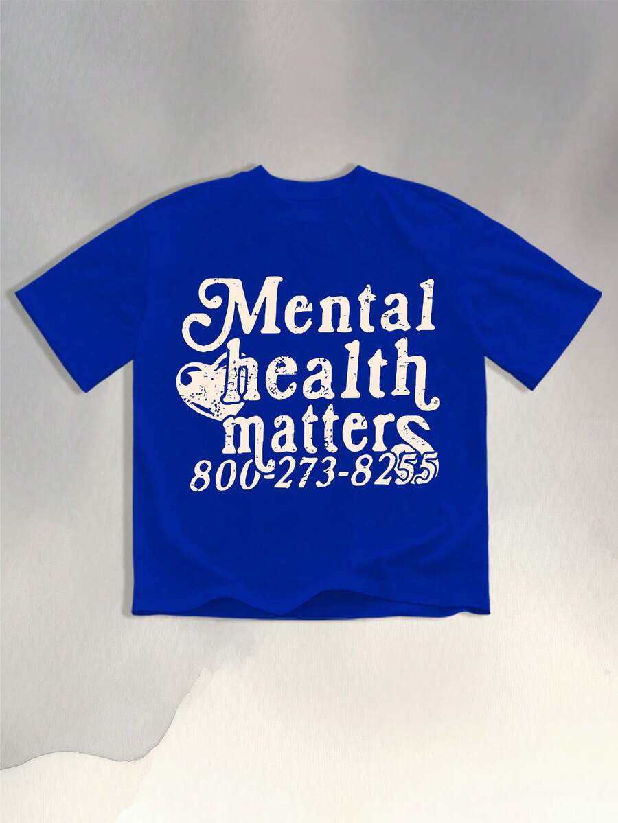 Mental Health Matters (220g Cotton T-Shirt) MENTAL HEALTH MATTERS Printed Short-Sleeved T-Shirt. Men's Summer Round Neck Short Sleeve T-Shirt, Mental Health Support Tee With Helpline Number Printed T-Shirt - 藍色 - 查看 1
