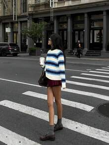 VIBEWAVE modischer, locker sitzender, lässiger gestreifter Rundhals-Pullover mit Langarm für Frauen, Neuheit für den Herbst - Verschiedenfarbig - Übersicht 5