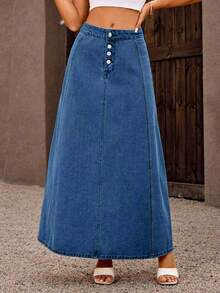 Chân váy denim dài dáng chữ A xòe rộng, chất liệu denim wash màu xanh navy dành cho nữ, có cúc cài phía trước và túi, chất vải không co giãn, thoải mái, thích hợp mặc hàng ngày vào mùa xuân. - Rửa tối - Xem 4