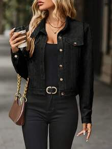 Fashionable Stand-Up Collar Long-Sleeved Jacket, Decorative Cover, Front And Center Buttons, Soft And Comfortable, Suitable For Spring And Autumn Seasons - Black - View 4